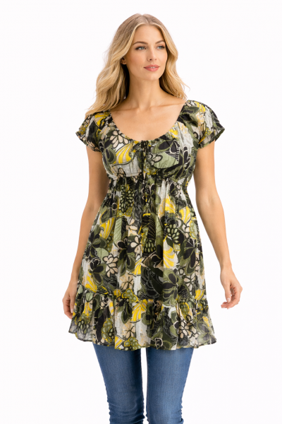 Green / Yellow  Bold Flower Print Floaty Indian Cotton Lizzy Blouse - Fair Trade 
